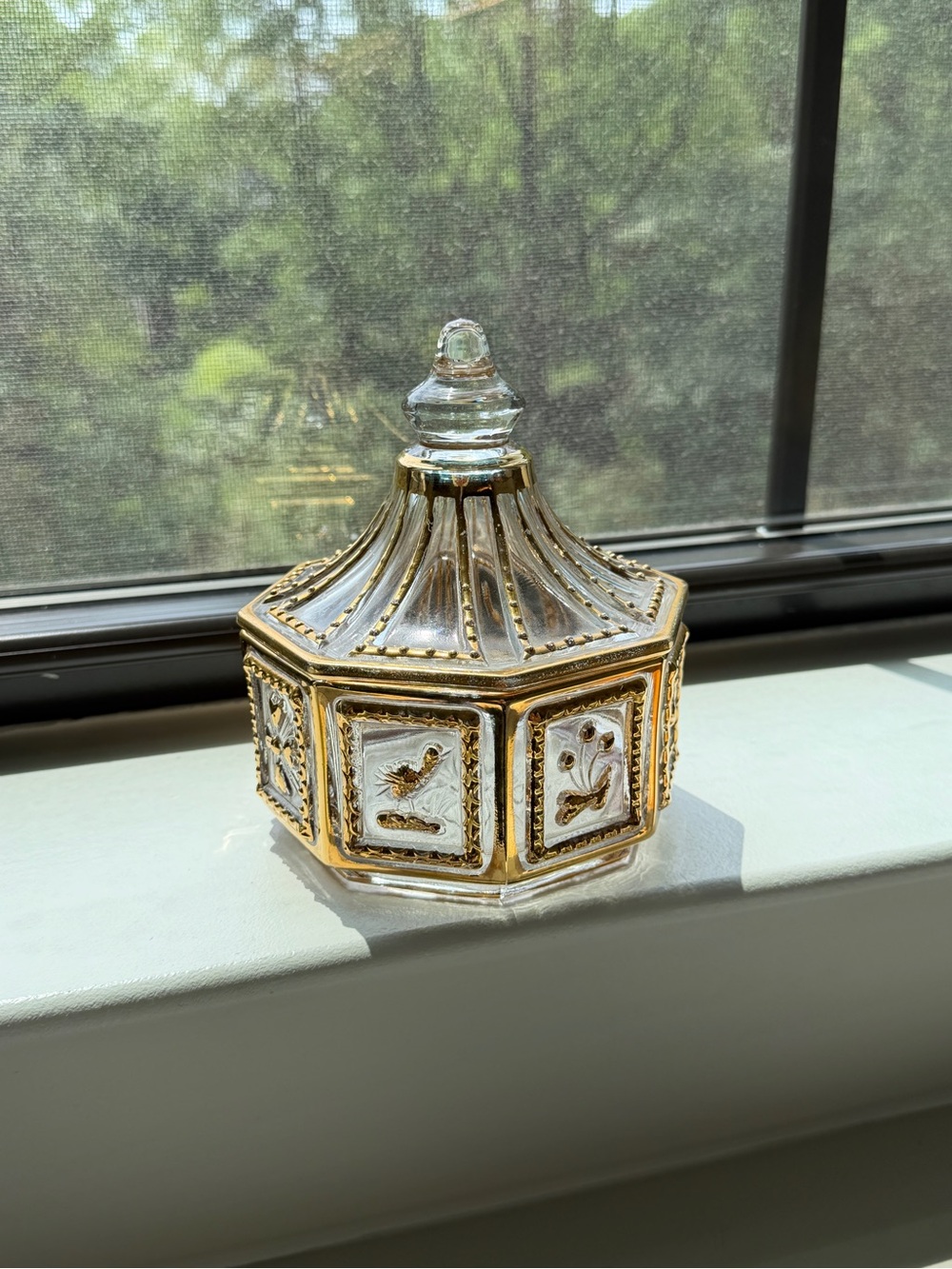 Vintage Hexagonal Glass Jar with Gold Accents